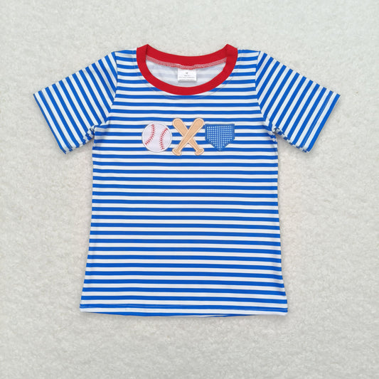 Baby Boy Short Sleeves Embroidery Baseball Stripes Blue Tops Shirt