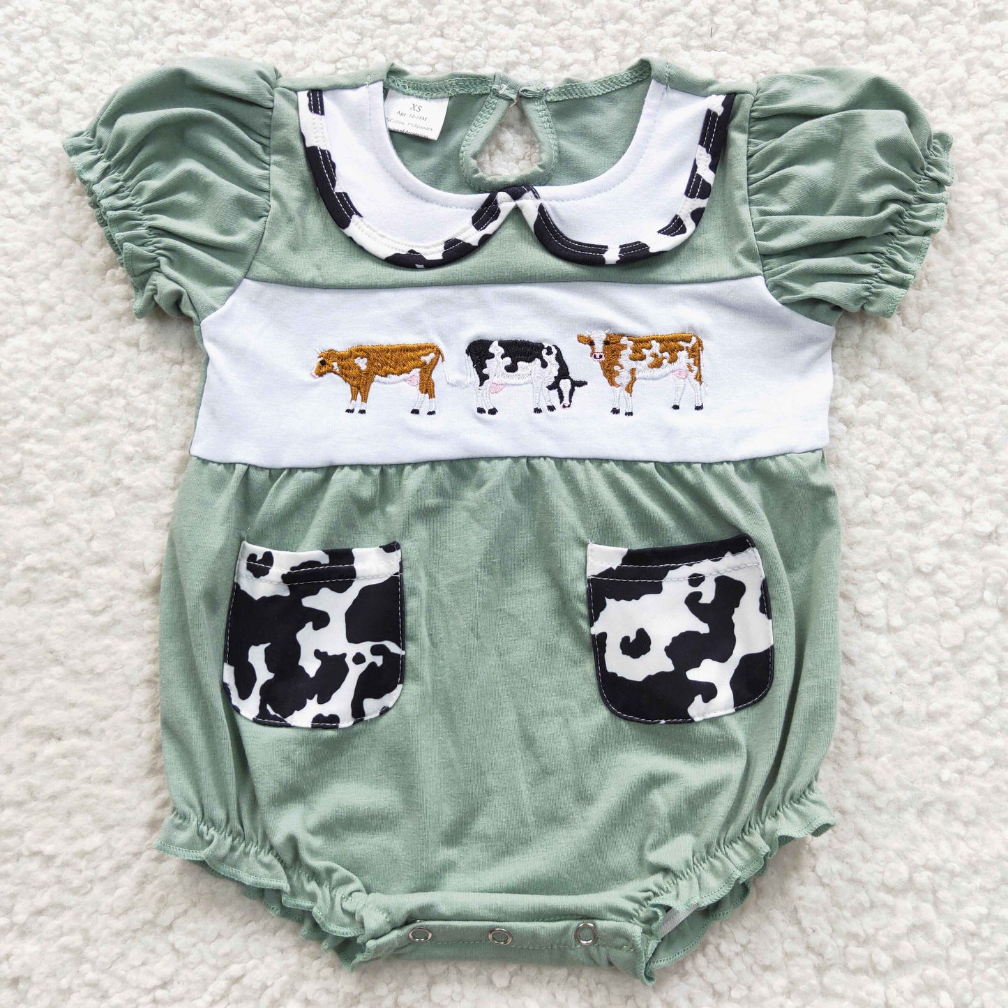 SR0373 Baby Girl Farm Cow Summer Embroidery Green Cotton Bubble Romper