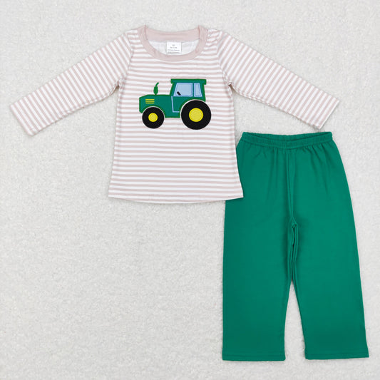 BLP0401 Baby Boy Embroidery Tractor Green Pants Farm Outfit Pajamas