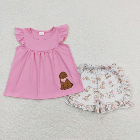 Baby Girl Short Sleeves Embroidery Pink Cotton Tunic Dogs Shorts Set