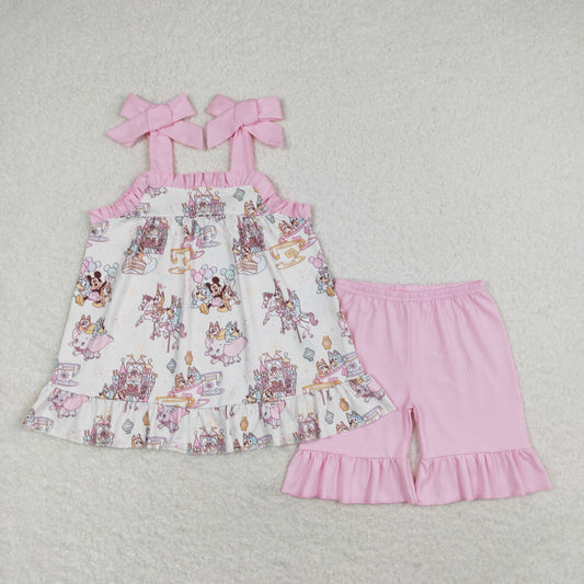 Baby Girl Sleeveless Mouse Dogs Tops Pink Cotton Shorts Set