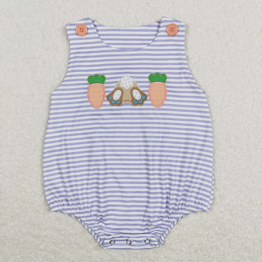 SR0534 Baby Boy Easter Embroidery Carrot Rabbit Stripes Romper