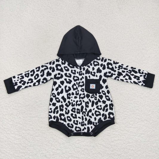 LR0595 Baby Kids Leopard Long Sleeves Face Hoodie One Piece Romper