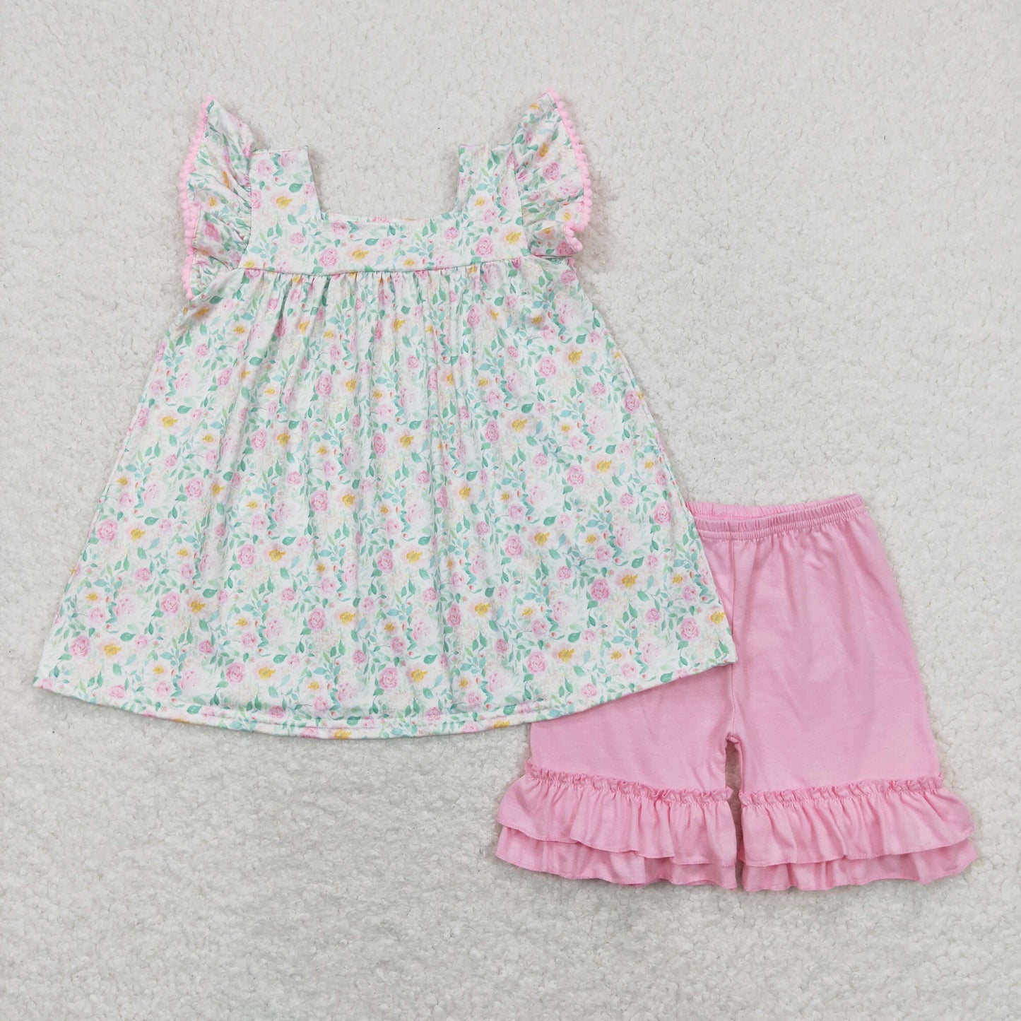 Baby Girl Short Sleeves Tunic Cotton Pink Ruffle Shorts Floral Set