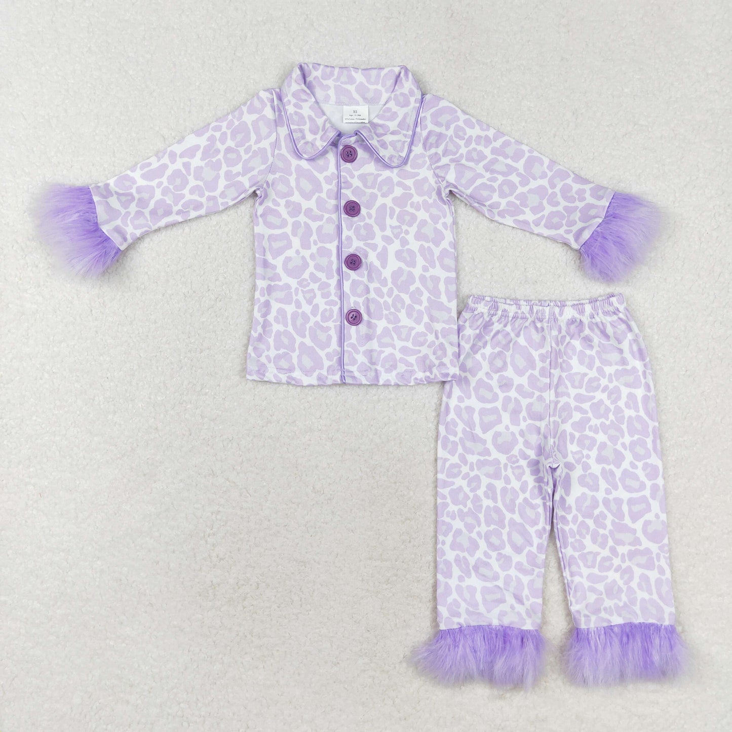 Baby Girl Fur Long Sleeves Leopard Buttons Shirt Pants Pajamas Purple Set