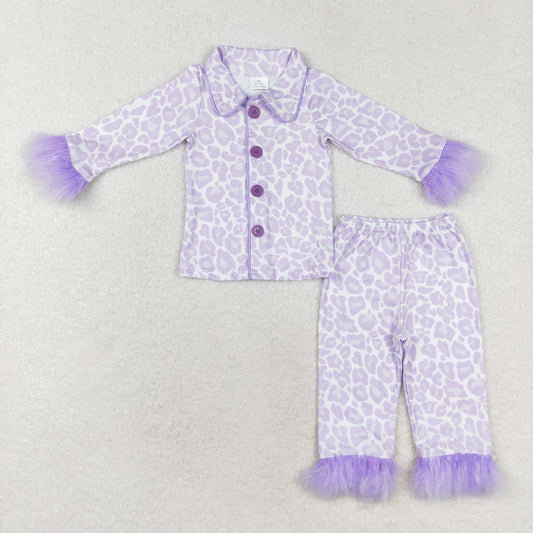 Baby Girl Fur Long Sleeves Leopard Buttons Shirt Pants Pajamas Purple Set