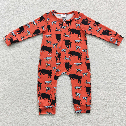 LR0342 Baby Boy Newborn Long Sleeves Zip Western Cow One Piece Romper