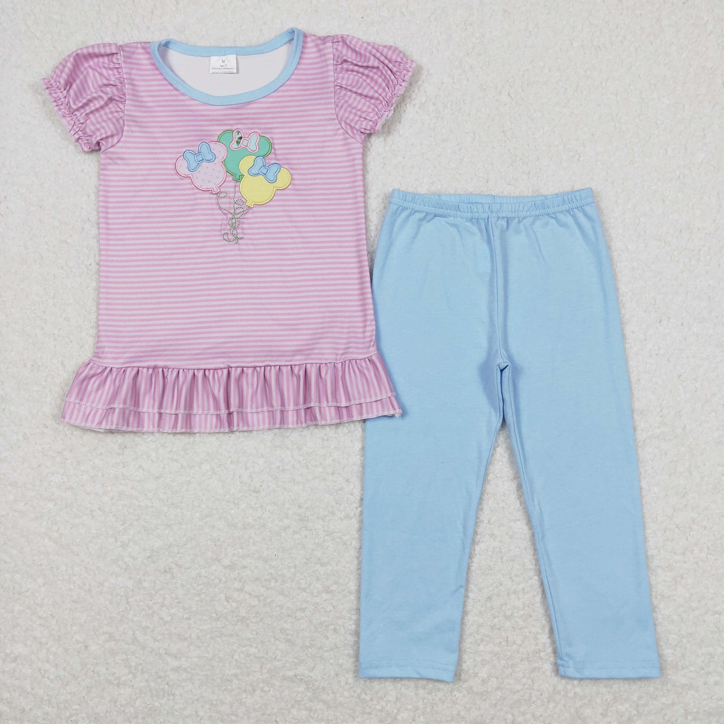 Baby Girl Short Sleeves Mouse Stripes Embroidery Shirt Blue Cotton Leggings Pants Set