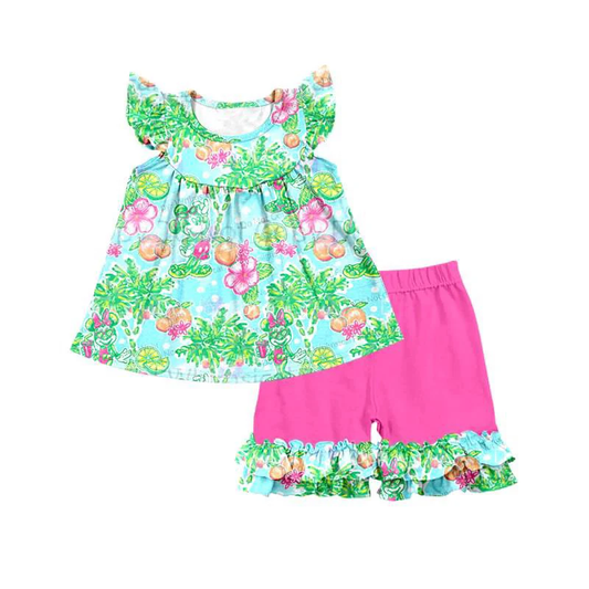 Pre-order Baby Girl Short Sleeves Mouse Floral Tunic Pink Ruffle Shorts Set