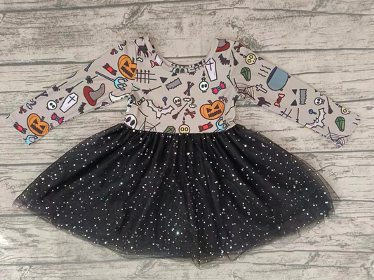 Baby Girl Long Sleeves Halloween Pumpkin Tulle Dress Moq 5