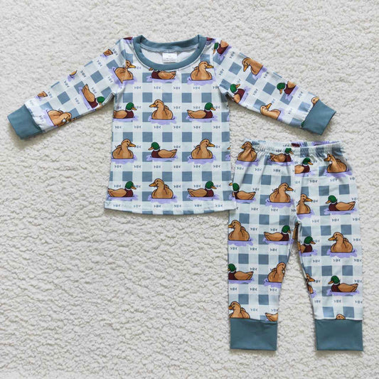 BLP0329 Baby Boy Long Sleeves Duck Plaid Pants Outfit Pajamas