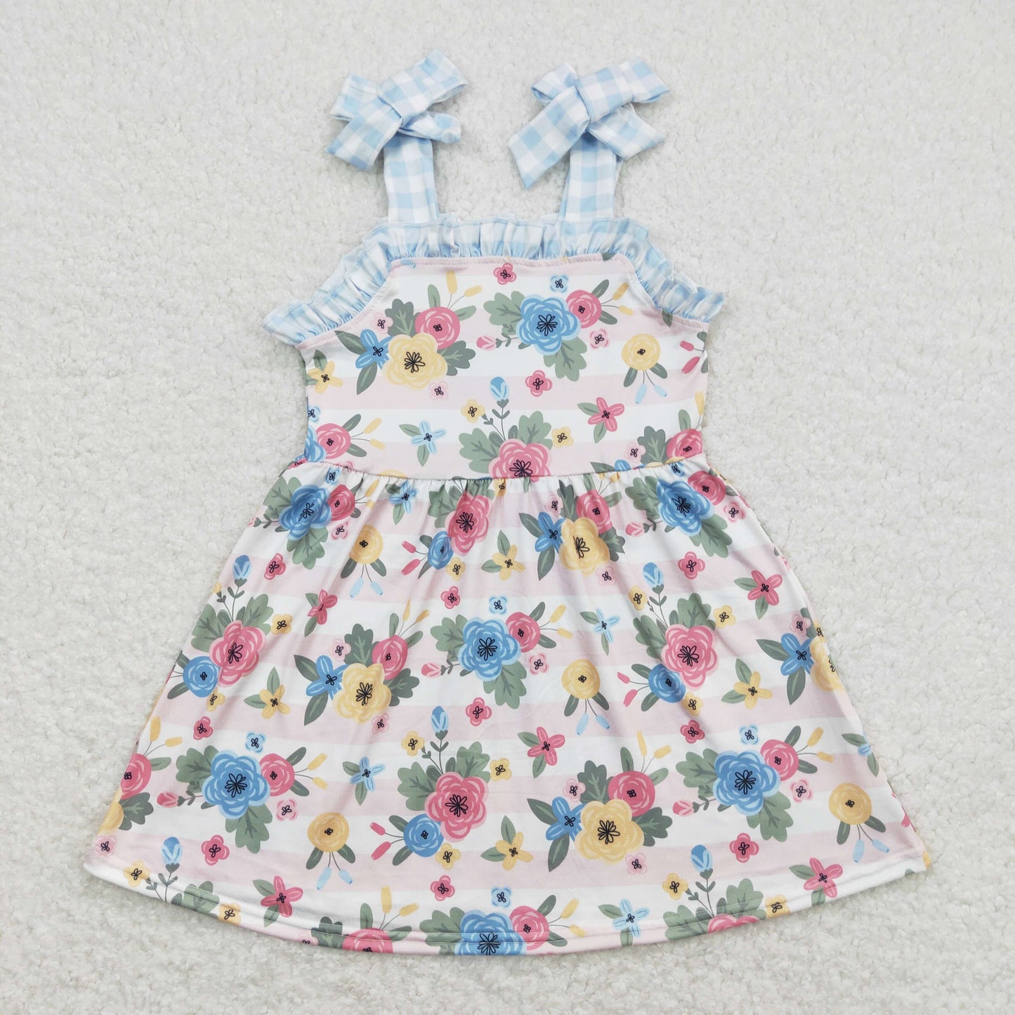 Baby Girl Blue Plaid Sleeveless Floral Summer Dress