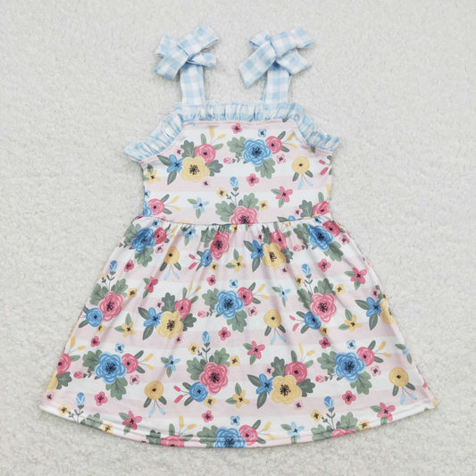Baby Girl Blue Plaid Sleeveless Floral Summer Dress