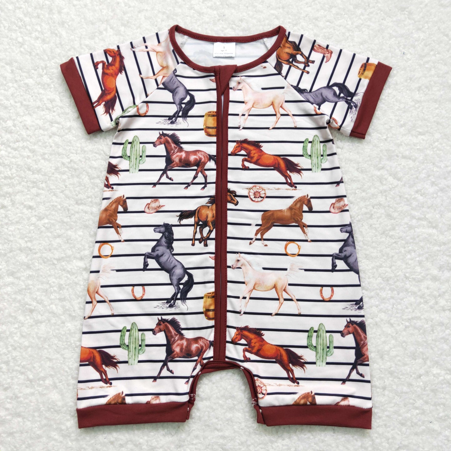 Baby Boy Short Sleeves Horse Stripes Zipper One Piece Western Romper