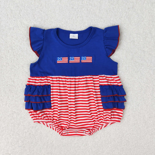 Baby Girl Short Sleeves Embroidery Flags Stripes Ruffle Bubble One Piece Romper