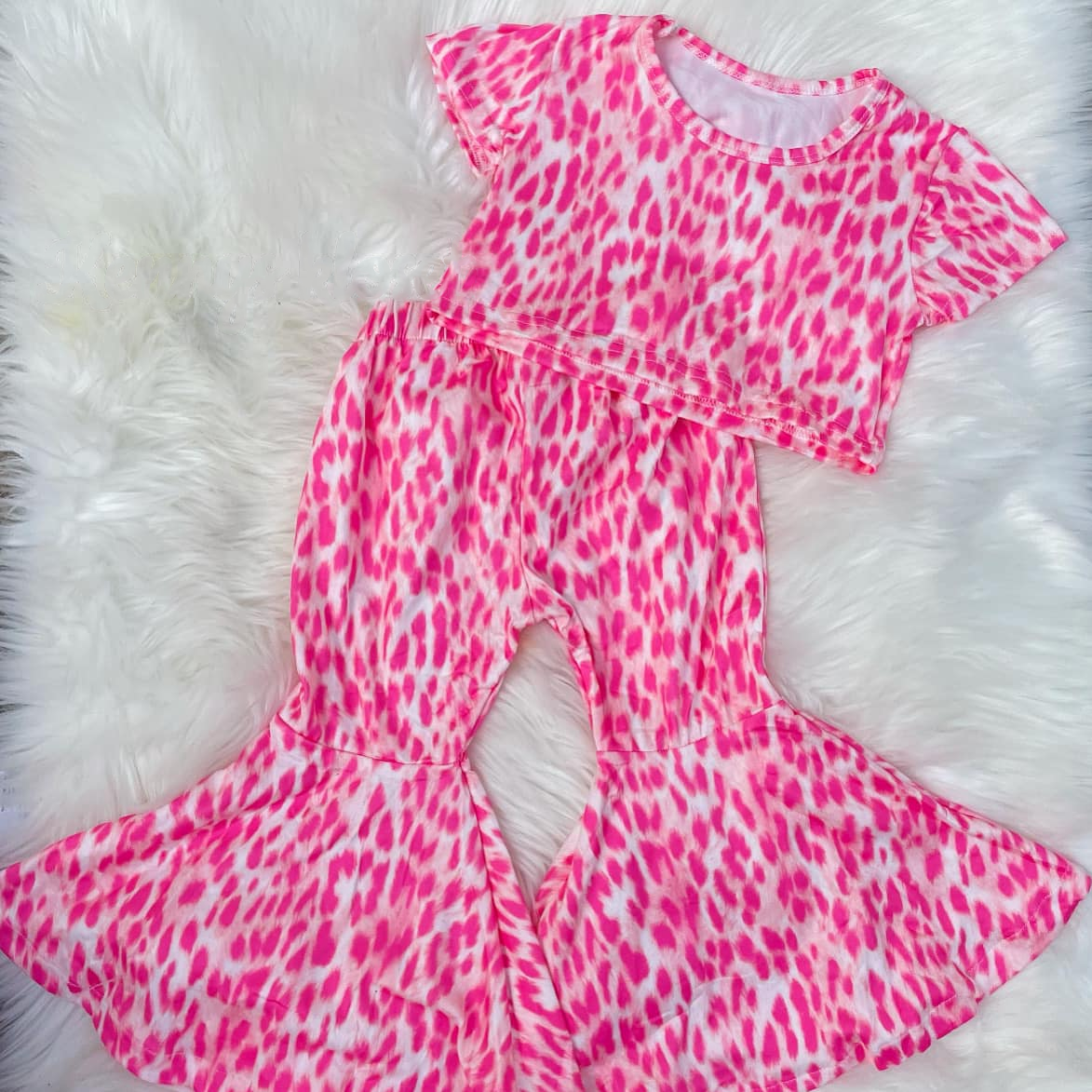 Moq 3 Pre-order GSPO1144 Baby Girl Pink Leoprad Tops Bell Pants Set