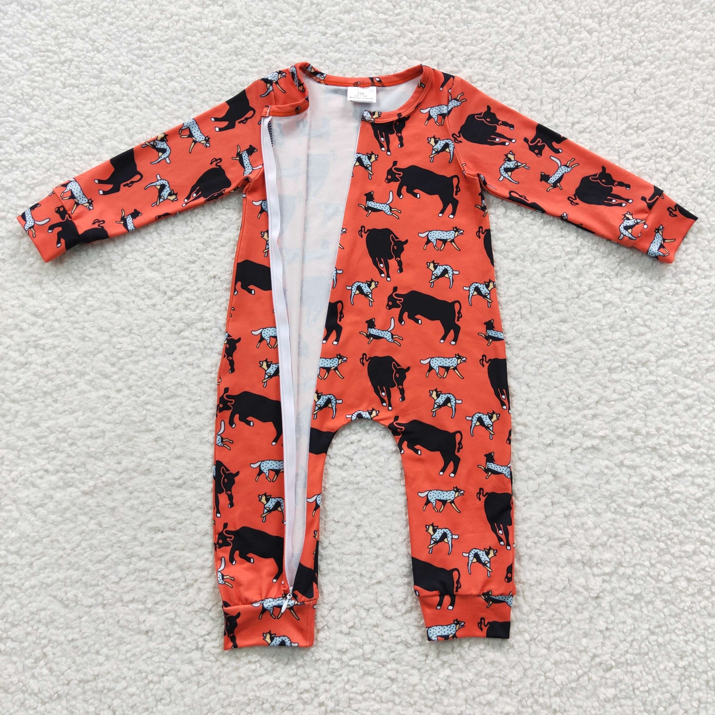 LR0342 Baby Boy Newborn Long Sleeves Zip Western Cow One Piece Romper