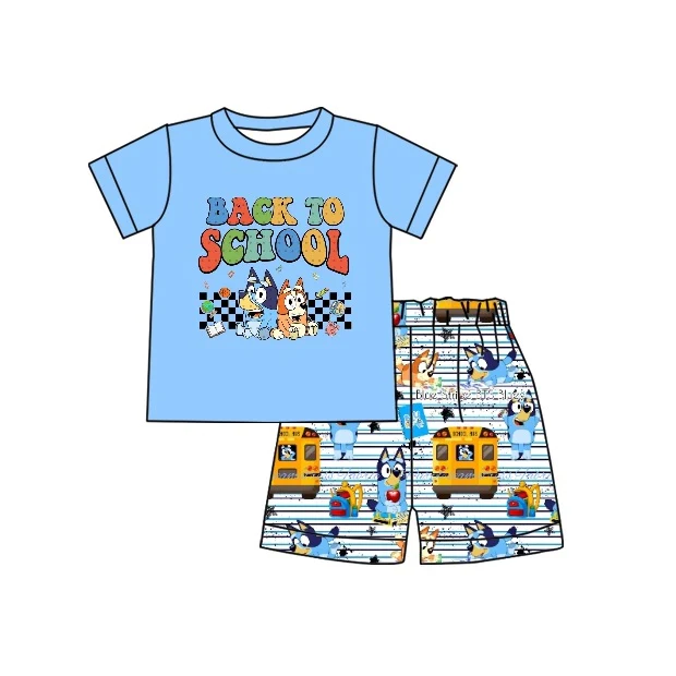 Moq 3 Pre-order BSSO0772 Baby Boy Blue Short Sleeves Shirt Dogs Shorts Summer Back To School Set