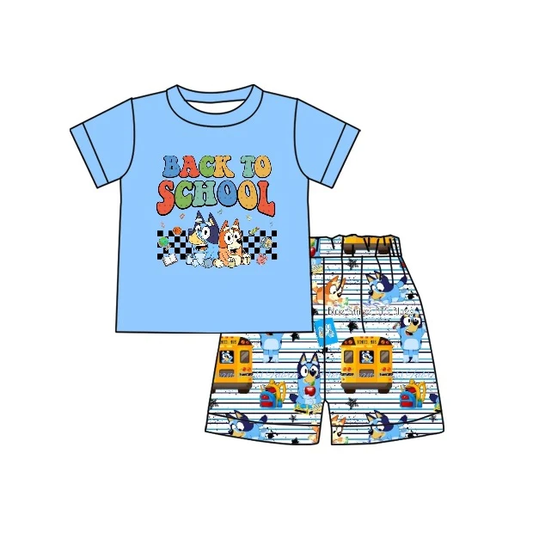 Moq 3 Pre-order BSSO0772 Baby Boy Blue Short Sleeves Shirt Dogs Shorts Summer Back To School Set