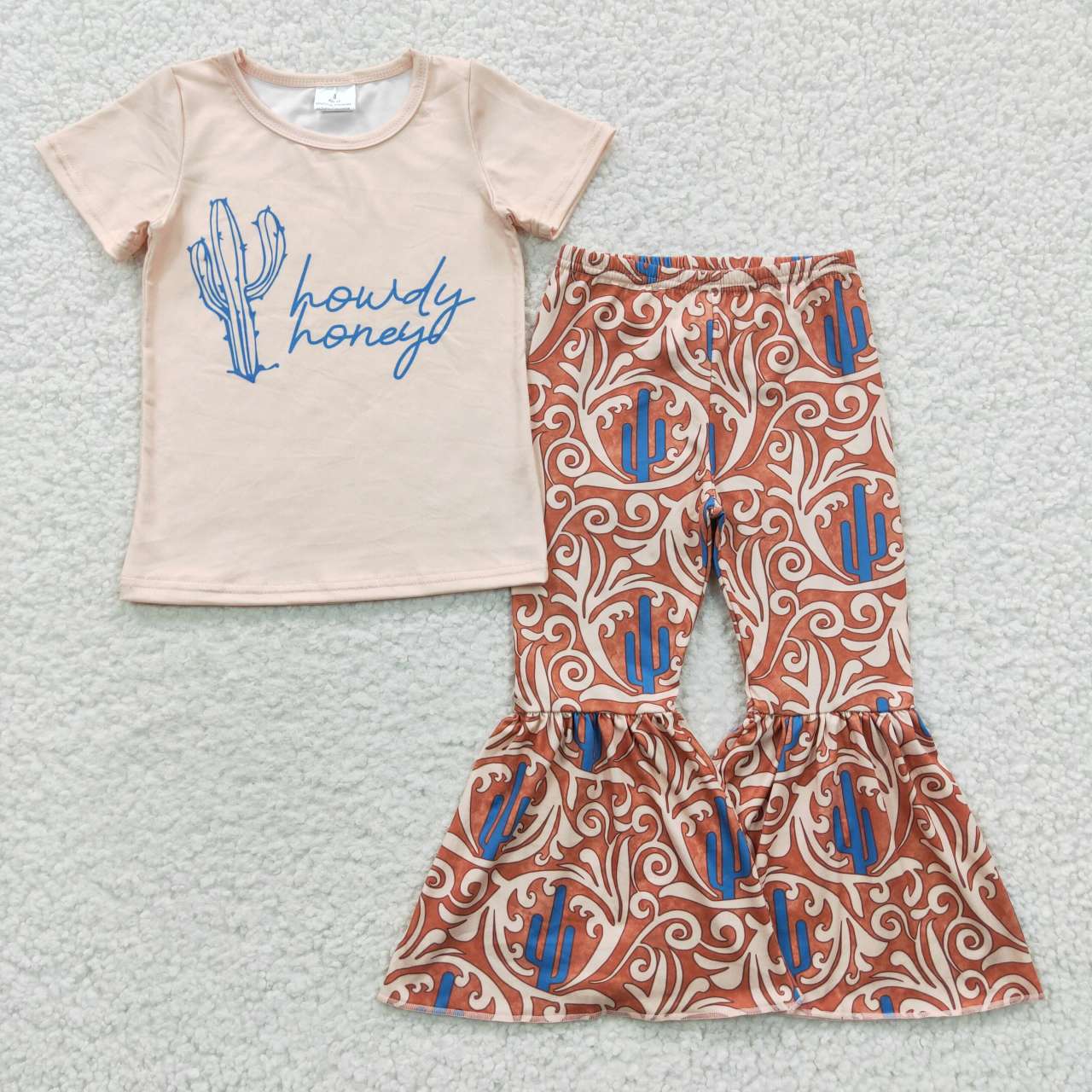 GSPO0559 Baby Girl Short Sleeves Howdy Honey Shirt Western Cactus Bell Pants Flower Outfit