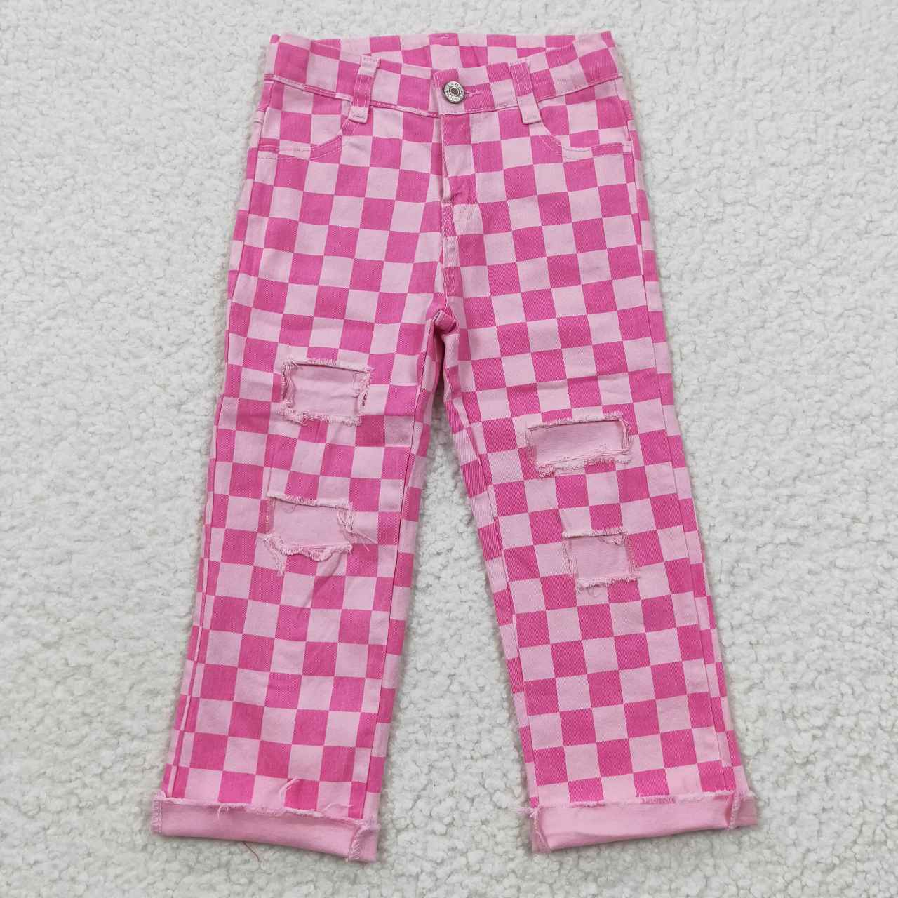 Baby Boy Girl Sibling Checkered Denim Jeans Pants