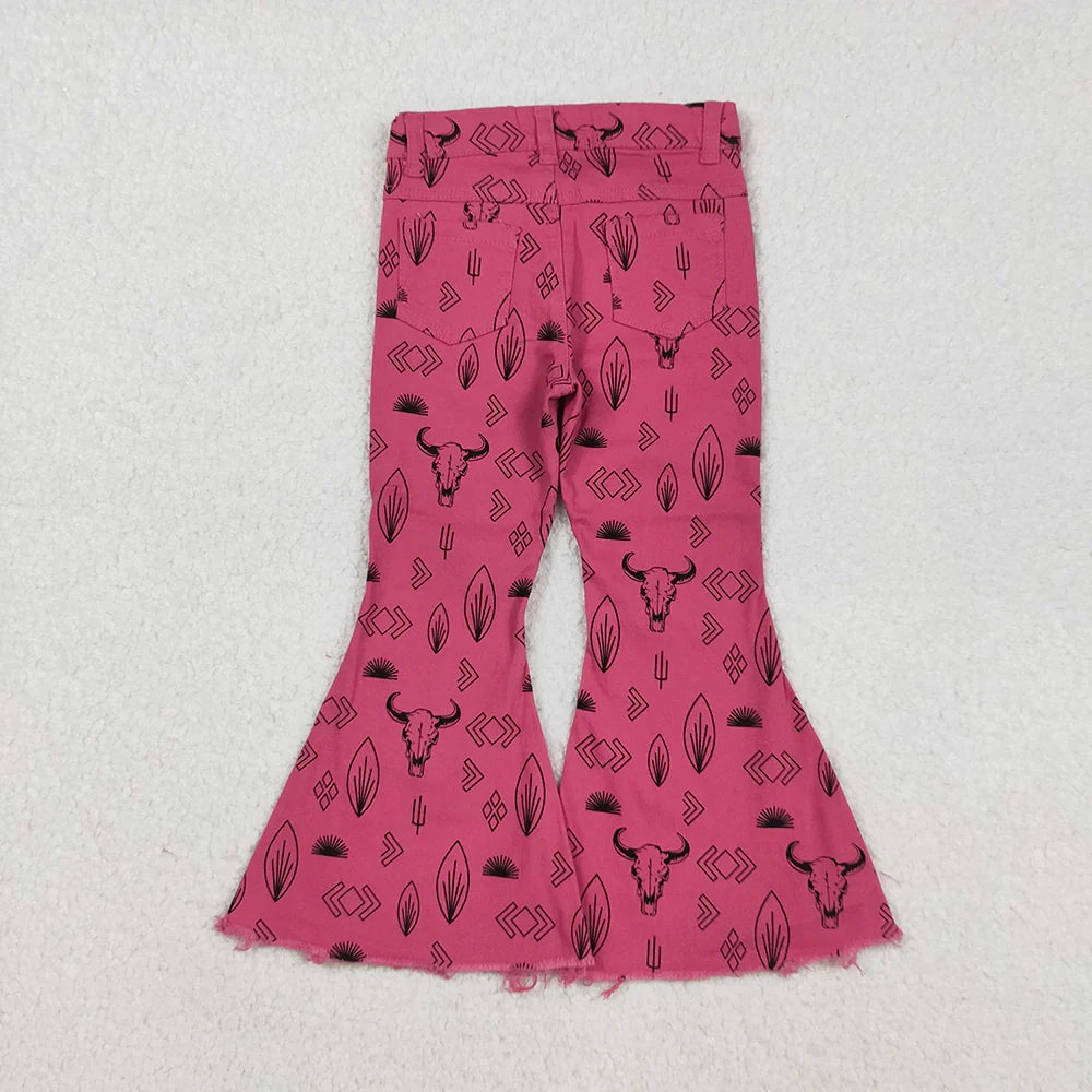 Baby Girls Kids Western Cow Cactus Pink Denim Pants Jeans Bottoms RTS