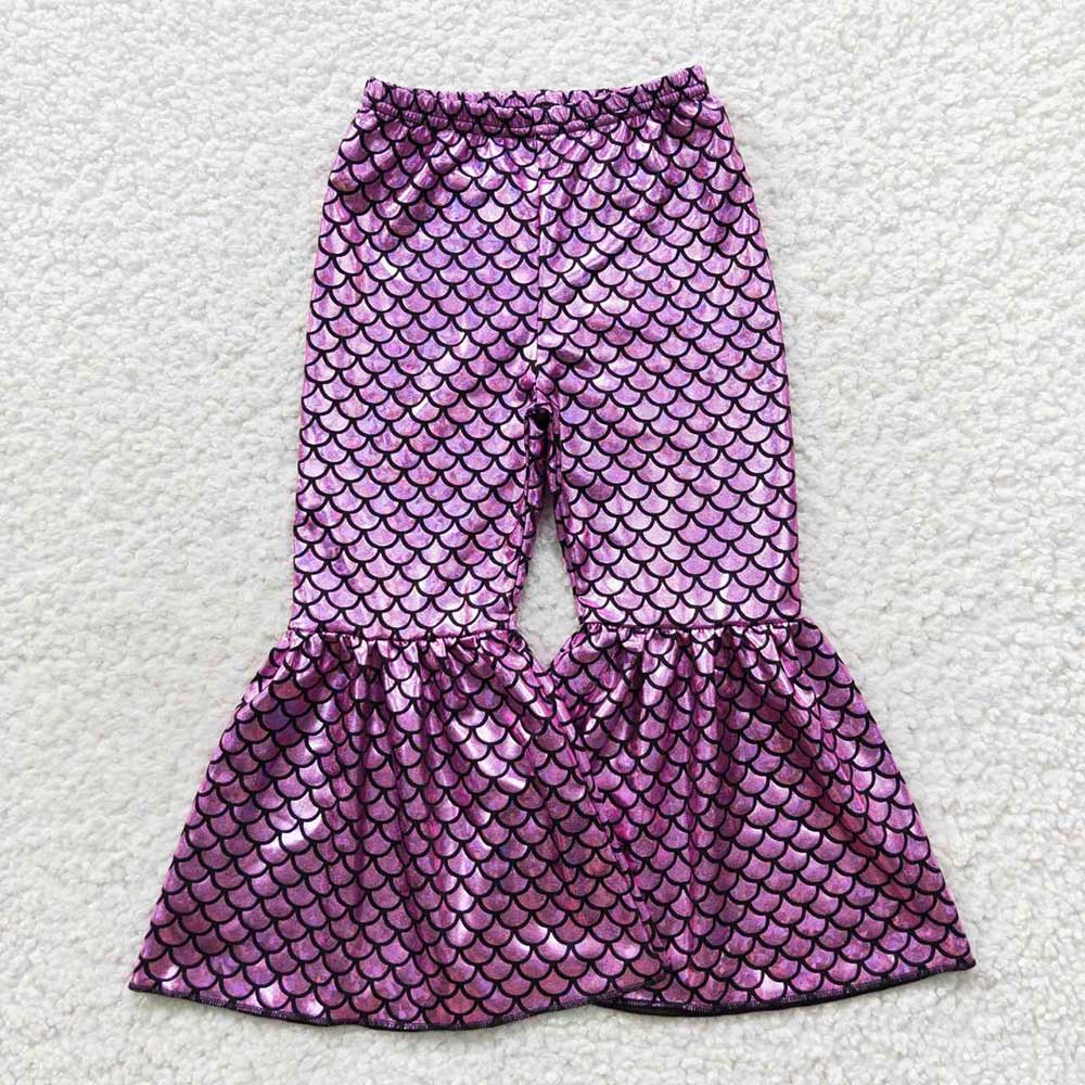 Baby Girl Mermaid Scale Holographic Spandex Bell Bottom Pants Sibling Clothes RTS