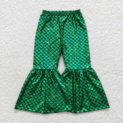 Baby Girl Mermaid Scale Holographic Spandex Bell Bottom Pants Sibling Clothes RTS