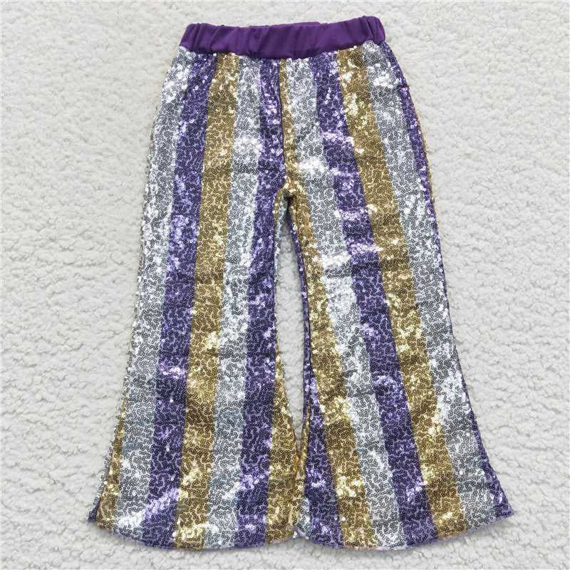 Sibling Baby Girls Stripes Sequins Mardi Gras Bell Bottom Pants RTS