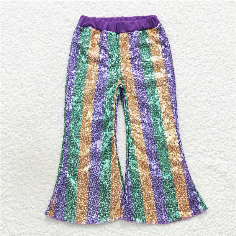 Sibling Baby Girls Stripes Sequins Mardi Gras Bell Bottom Pants RTS