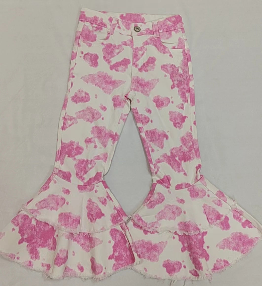 Baby Girl Western Pink Cow Double Ruffle Bell Flare Denim Pants