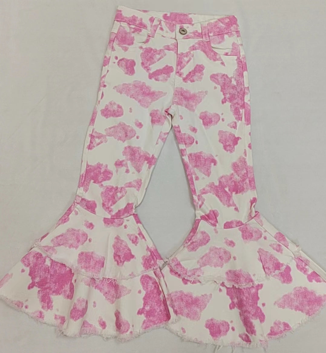 Baby Girl Western Pink Cow Double Ruffle Bell Flare Denim Pants