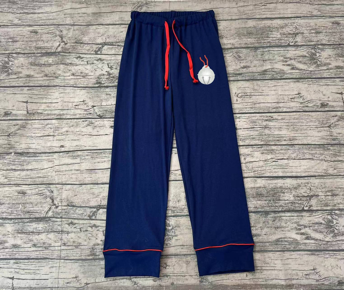 Adult Women Christmas Navy Embroidery Bell Bottom Pants Pajamas