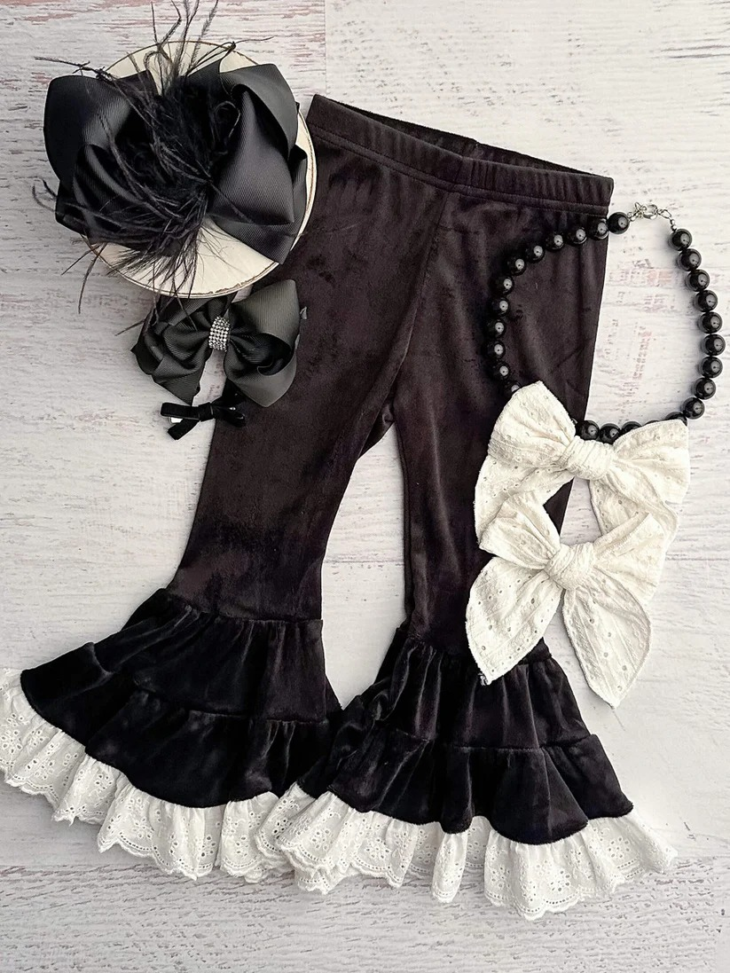 Preorder Baby Girl Black Velvet Bell Bottom Pants
