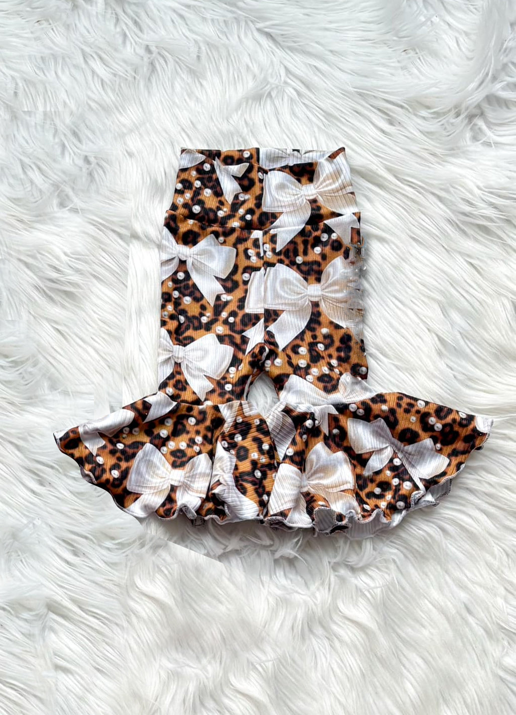 Preorder Baby Girl Kids Leopard Pearl Bows Bell Bottom Pants ( Moq 5 )