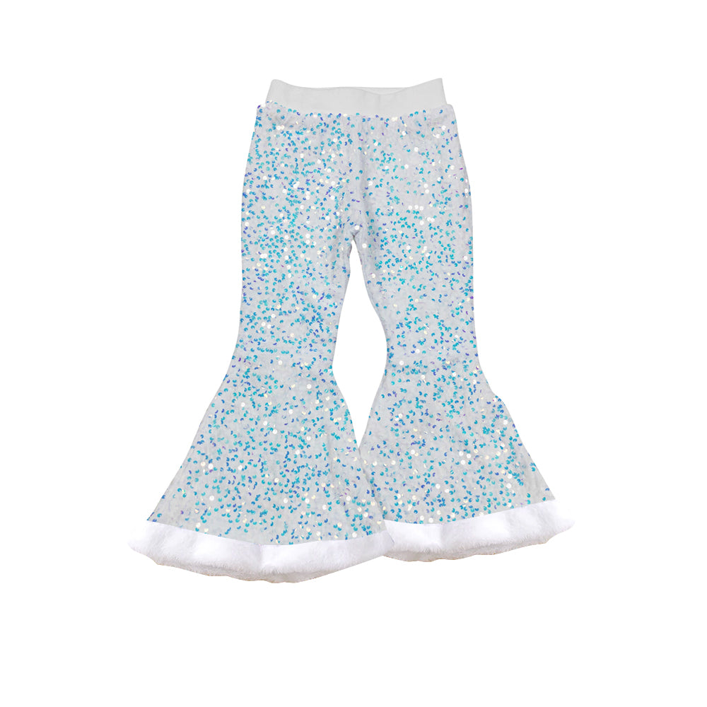 ( Moq 5 ) Preorder Baby Girl White Sequins Fur Bell Bottom Pants
