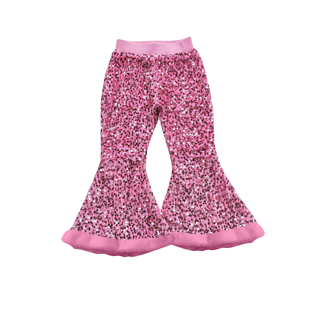 ( Moq 5 ) Preorder Baby Girl Pink Sequins Fur Bell Bottom Pants