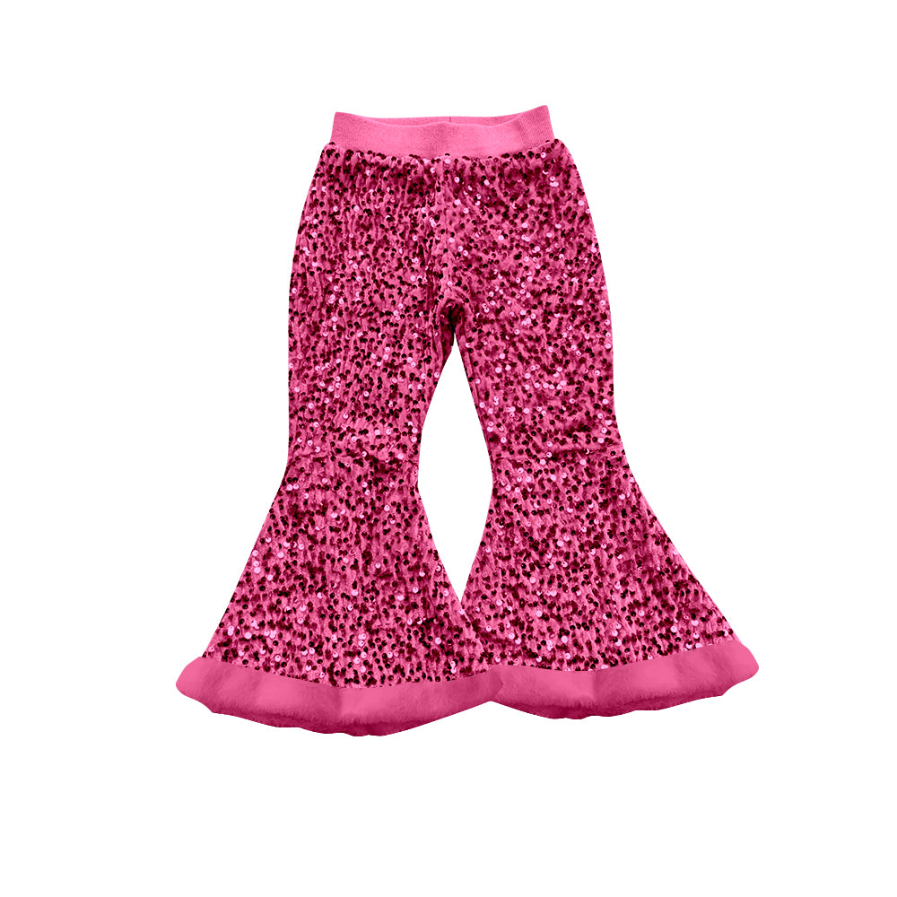 ( Moq 5 ) Preorder Baby Girl Hot Pink Sequins Fur Bell Bottom Pants