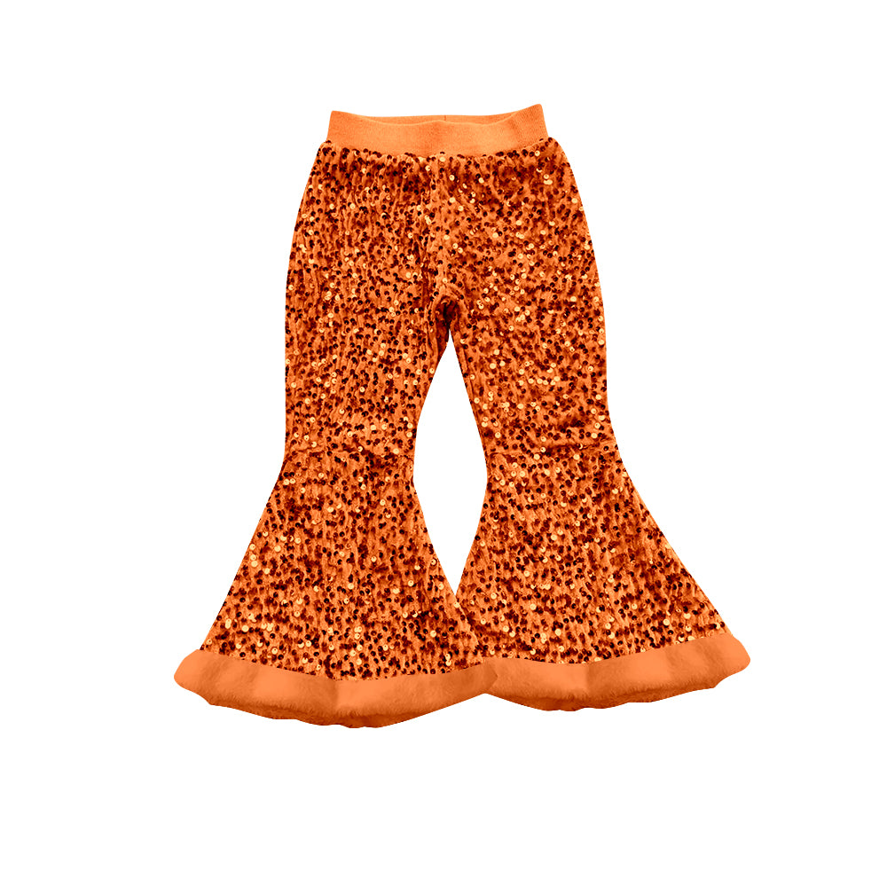 ( Moq 5 ) Preorder Baby Girl Orange Sequins Fur Bell Bottom Pants