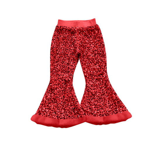 ( Moq 5 ) Preorder Baby Girl Red Sequins Fur Bell Bottom Pants