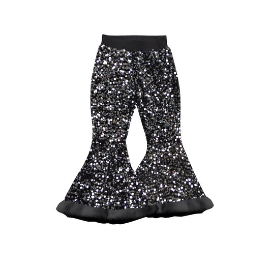 ( Moq 5 ) Preorder Baby Girl Black Sequins Fur Bell Bottom Pants