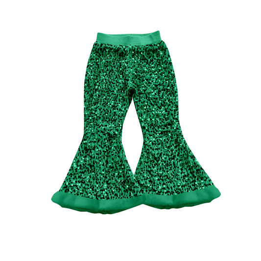 ( Moq 5 ) Preorder Baby Girl Green Sequins Fur Bell Bottom Pants