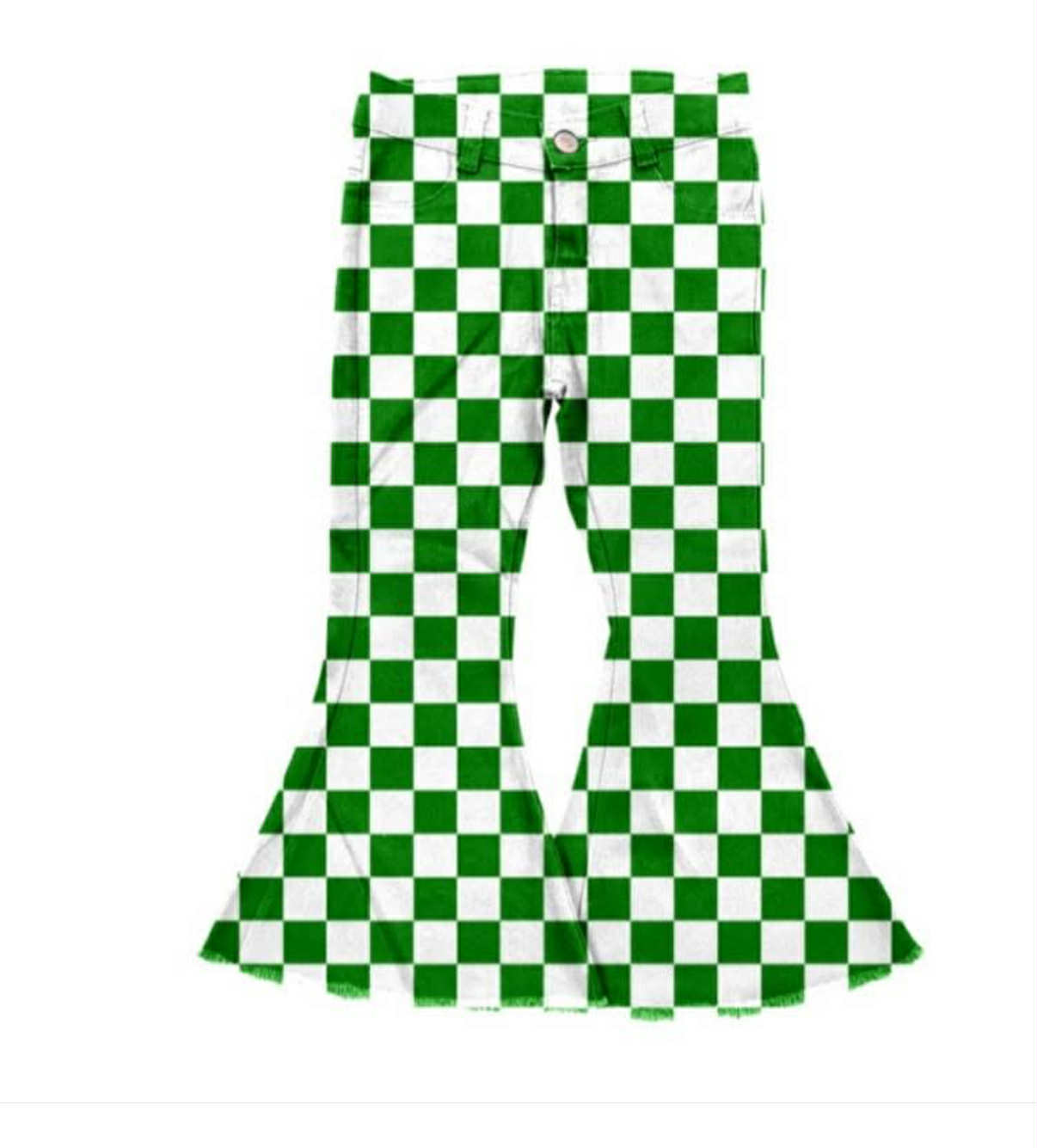 (Moq 5 ) Preorder Girls Kids Green Checkered Denim Bell Pants Jeans