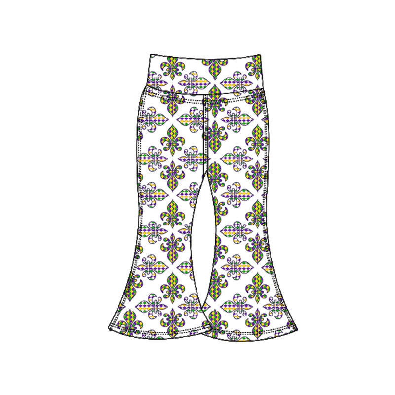 ( Moq 5 ) Preorder Baby Girls Mardi Gras Plaid Anchors Yoga Bell Bottom Pants