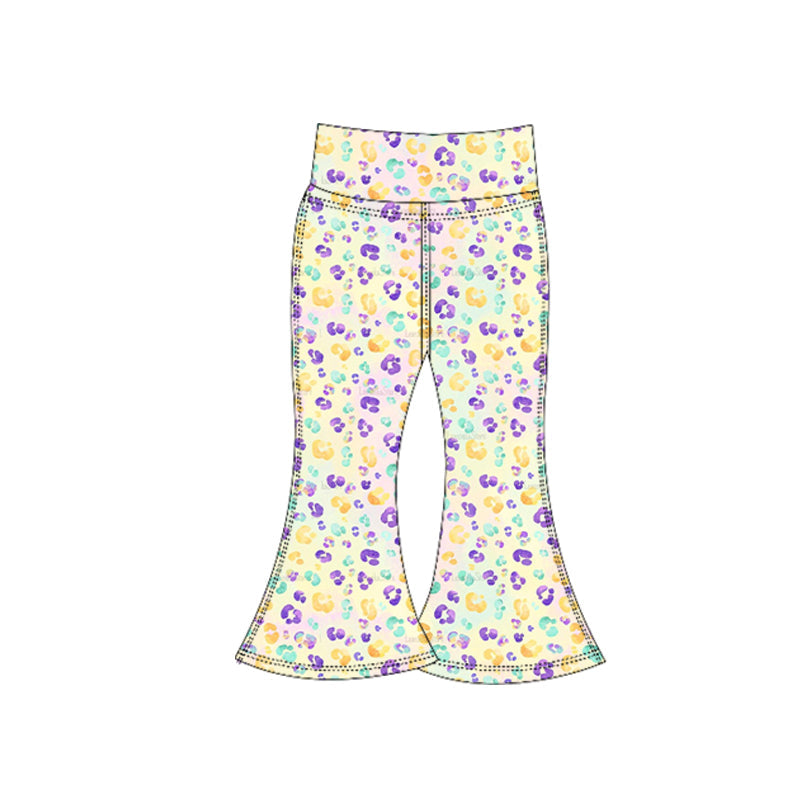 ( Moq 5 ) Preorder Baby Girls Mardi Gras Leopard Yoga Active Bell Bottom Pants