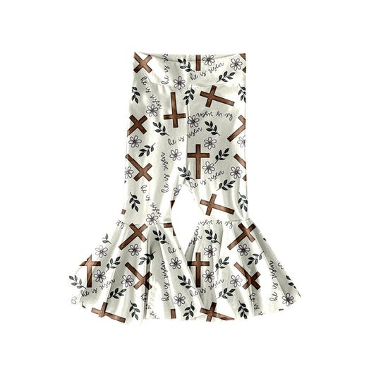 ( Moq 5 ) Preorder Baby Girls He is Risen Cross Flower Easter Bell Bottom Pants