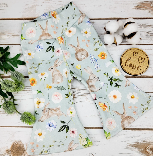 ( Moq 5 ) Preorder Baby Girls Flower Rabbits Easter Bell Bottom Pants