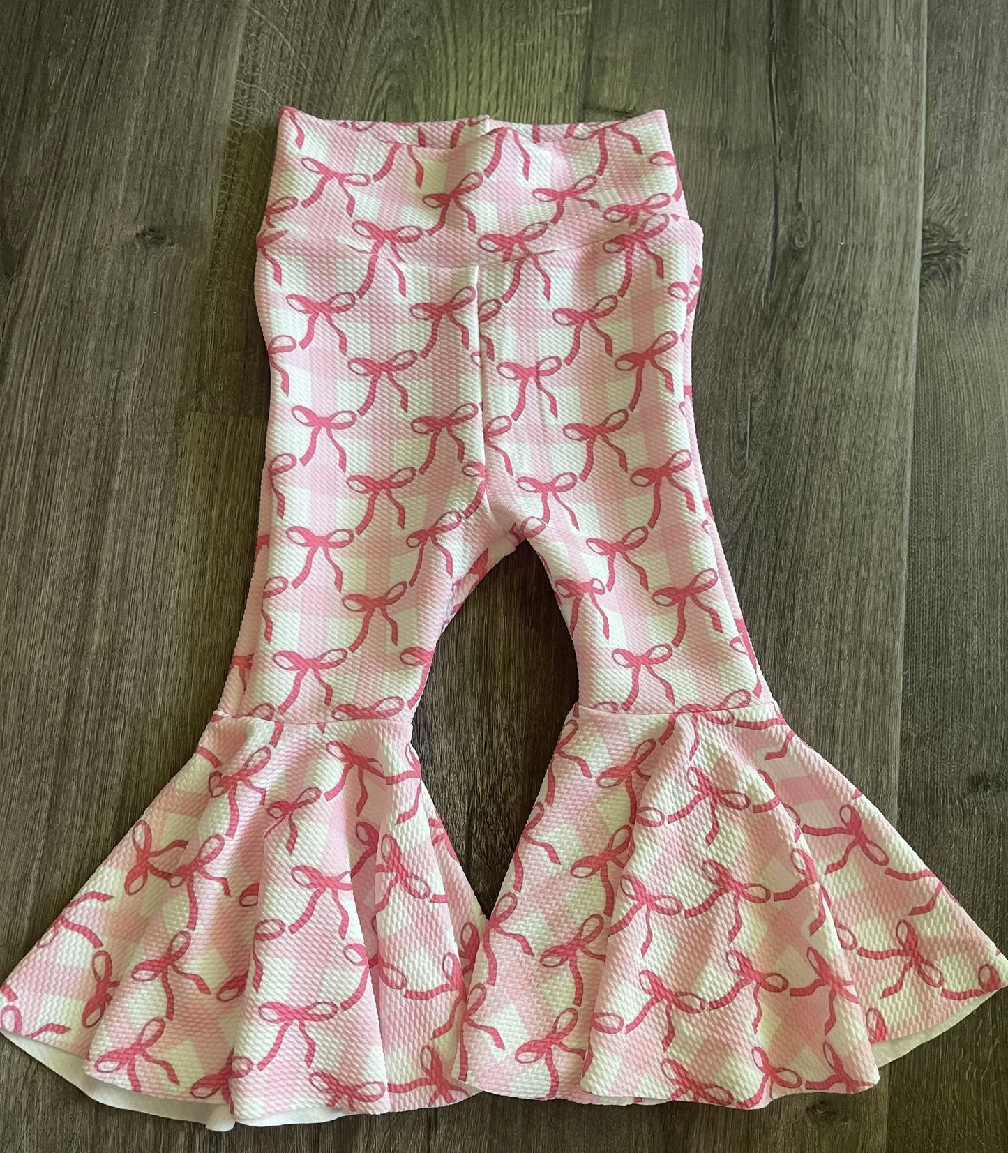 ( Moq 5 ) Preorder Baby Girls Pink Bows Checked Bell Bottom Pants