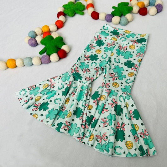 ( Moq 5 ) Preorder Baby Girls Bows Clovers St Patrick Bell Bottom Pants Green Bottom