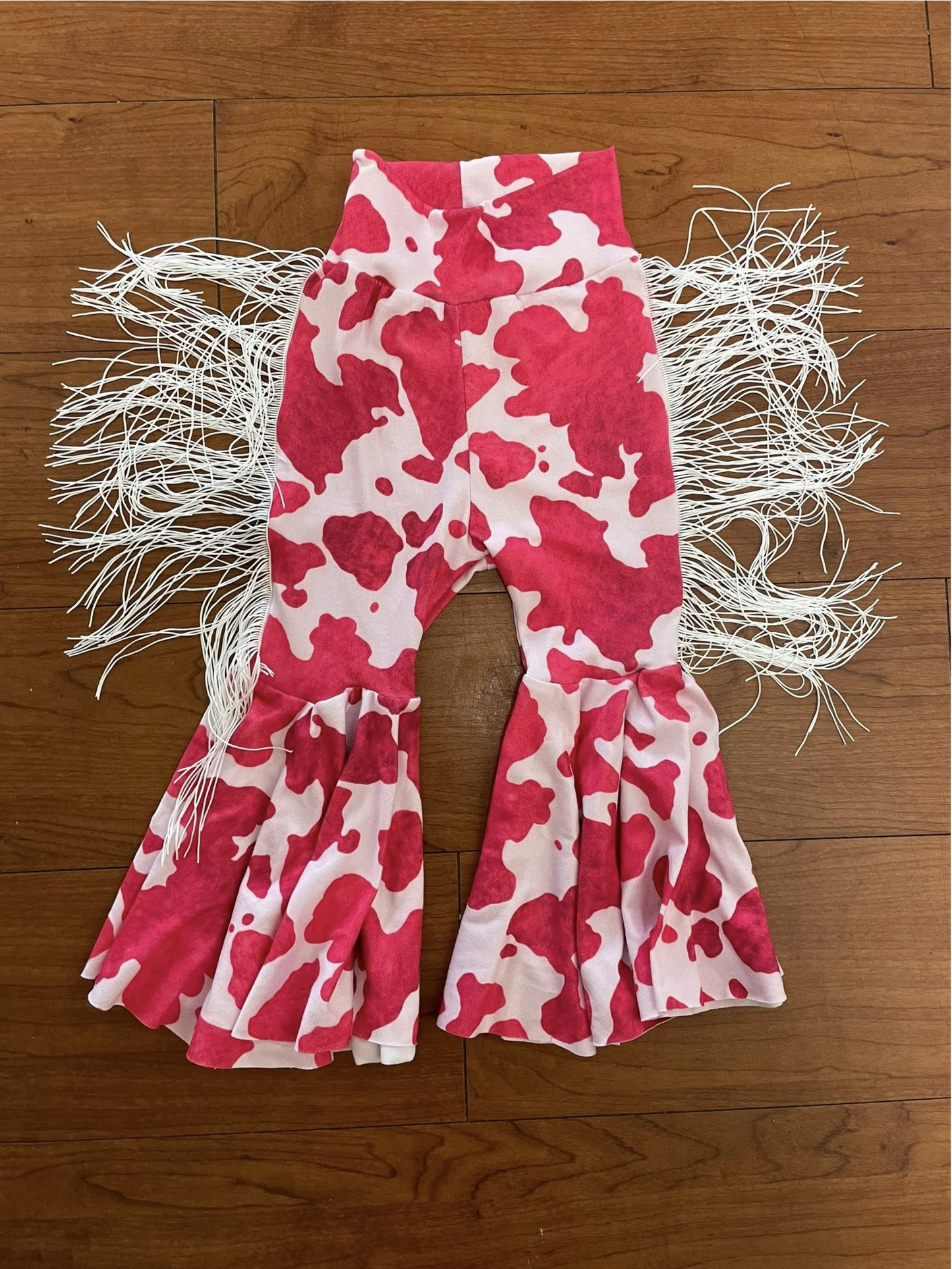 ( Moq 5 ) Preorder Baby Girls Western Red Cow Print Tassel Bell Bottom Pants